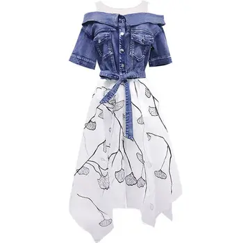 

2018 new summer dress cowboy stitching irregular mesh embroidered denim dress fake two-piece off shoulder women's clothing