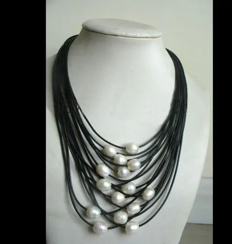 

Hot sale new Style >>>>>New 11-12mm White Baroque Freshwater Pearl Multi-Strand Black Leather Necklace