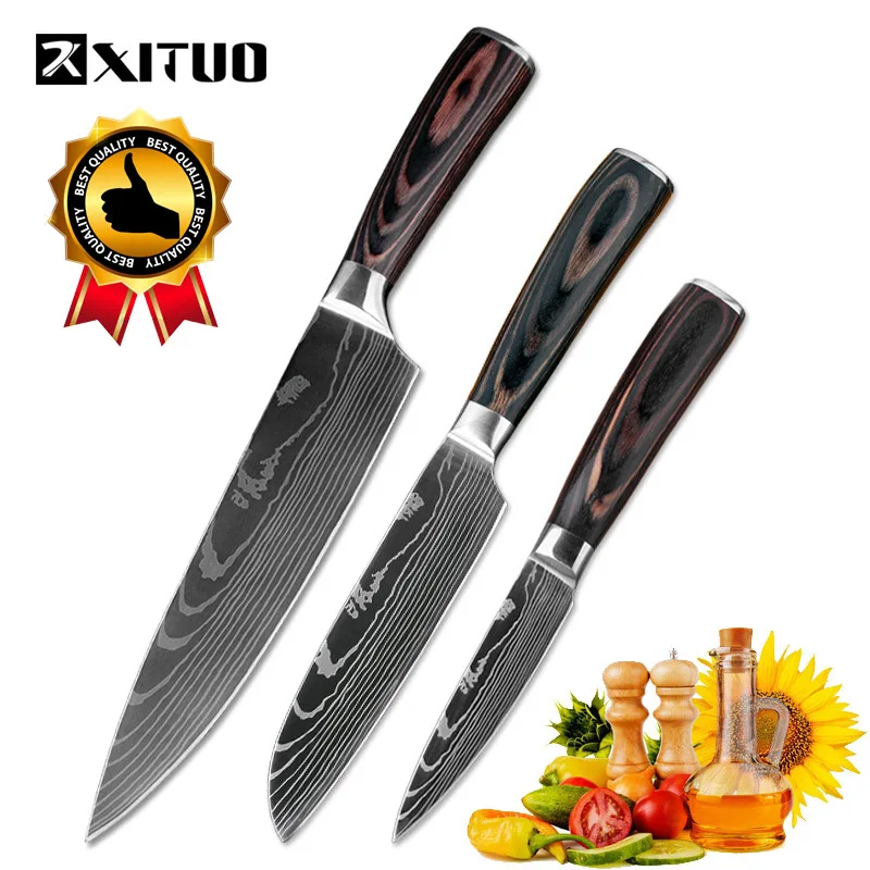 XITUO, кухонный нож, 8 дюймов, профессиональные поварские ножи, Япония, дамасский узор, нержавеющая сталь, нож для резки рыбы и мяса, нож для нарезки овощей - Цвет: 3PCS Set