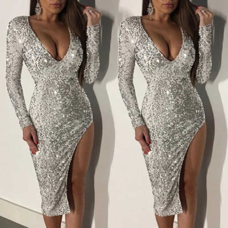 

2018 Fashion Women's Bandage Bodycon Long-Sleeve Clubwear Summer Deep V-Neck Sexy Sequined Jag ress