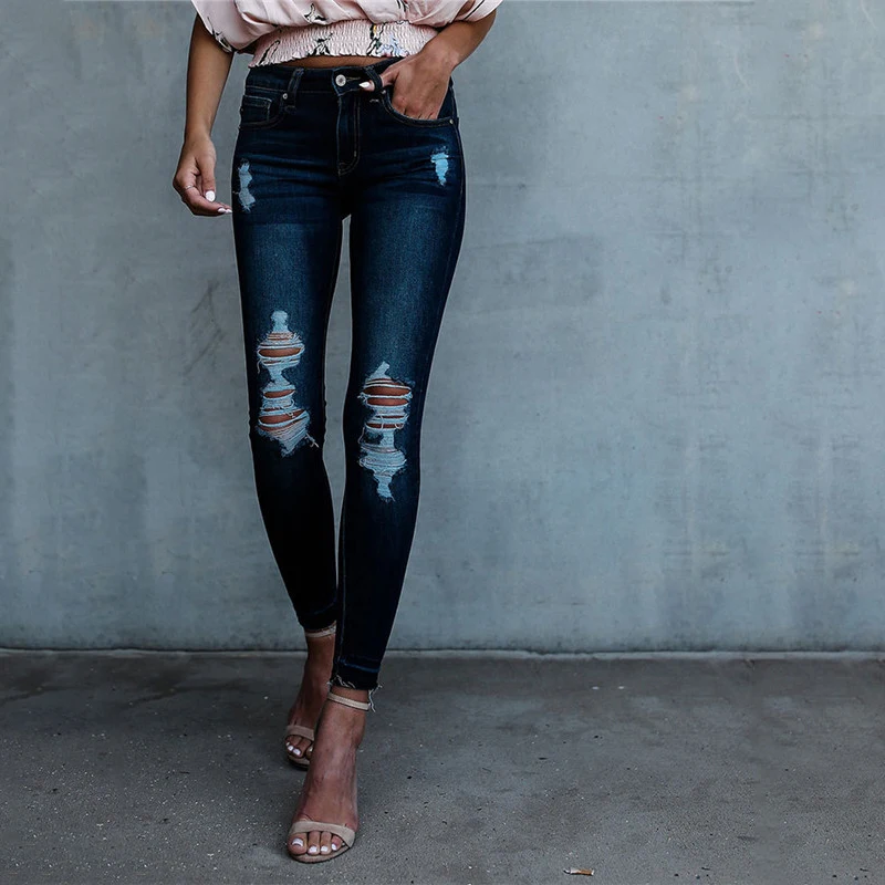 2019 new Classic Distressed Jeans Women Mid Waist Stretchy Ripped True Denim Pants Skinny Pencil Jeans Woman C0990