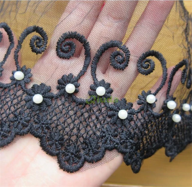 Black Embroidered Flower Pearl Cotton Net Mesh Lace Trim Ribbon
