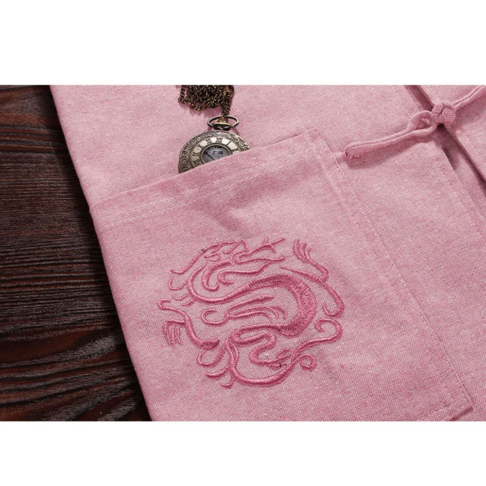 Розовое Брендовое Новое поступление Китайская традиционная Мужская однотонное хлопковое белье с вышивкой кунг-фу рубашки Топы M L XL XXL 3XL MS201507
