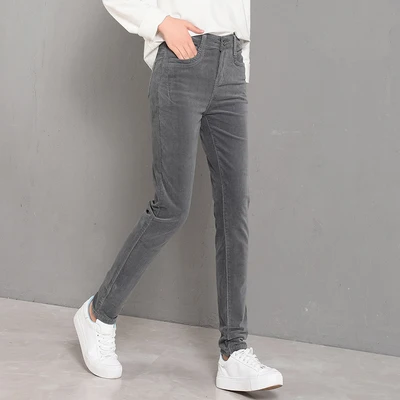 Зимние женские брюки плюс бархатные брюки толстые с высокой талией/вельветовые штаны эластичные теплые узкие брюки размера плюс женские брюки - Цвет: grey