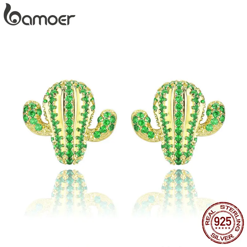 

BAMOER Fashion 925 Sterling Silver Green Cactus Plant Green CZ Small Stud Earrings for Women Fashion Earrings Jewelry BSE013