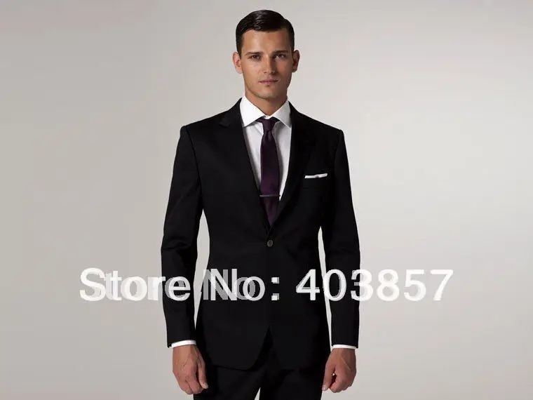 

Men Suit Hand Made Two Button 2pc Notch Lapel Super 120's Wool Flat Front Pants Modern Business slim Suit Black MS0293