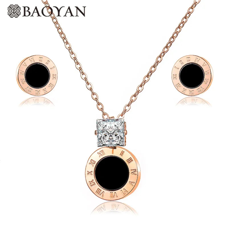 

BAOYAN Gold Silver Rose Gold Square Zicon Roman Numeral Round Pendant Necklace Stainless Steel Jewelry Sets for Women for Girls