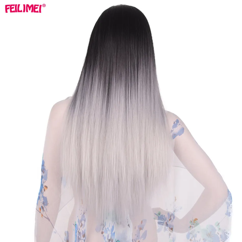 Feilimei Ombre Grey Wig Синтетическое японское волокно 60см 280г Длинные прямые штаны Черные серые парики для женщин Наращивание волос