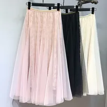 Для женщин s кружевная юбка Mesh Midi тюль юбки женский онлайн Высокая талия пачка плиссированные юбки для Для женщин школьная юбка солнце черный