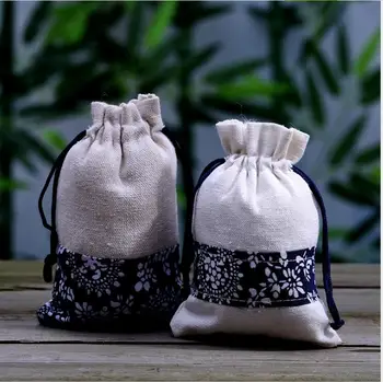 

100pcs/lot Cotton and linen Collectables cloth bag Packing jewelry buggy bag dish bead Blue and white bag mixed 2 design