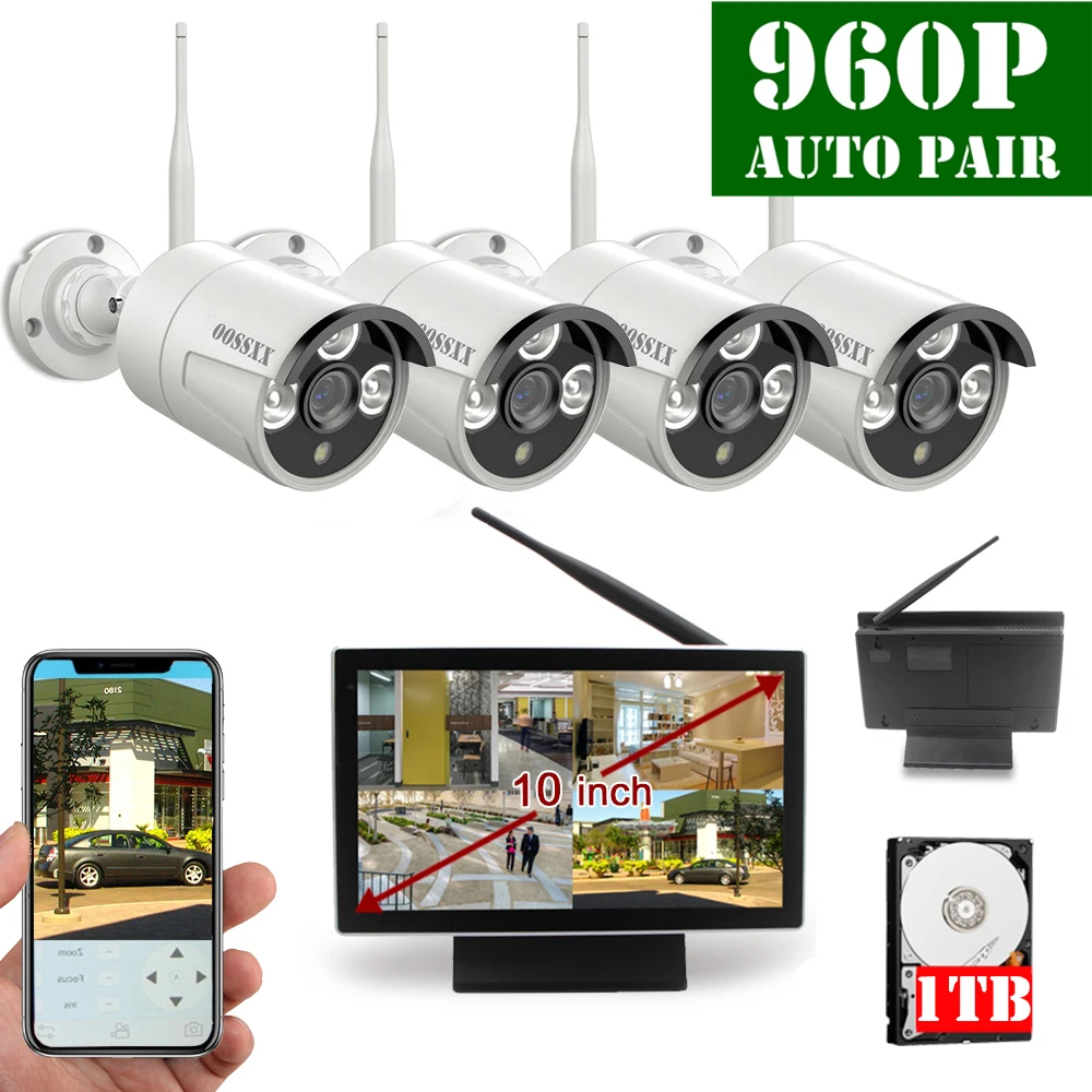 

OOSSXX 4CH 1080P Wireless NVR Kit CCTV Camera System 1.3MP Indoor Outdoor IP66 IP Camera Video Surveillance System 10inch Screen