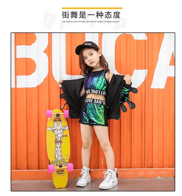 Kid Sequin Hip Hop Hoodies Jacket Clothing for Girls Crop Tank Top Shirt Shorts Jazz Dance Costume Ballroom Dancing Clothes Wear (3)
