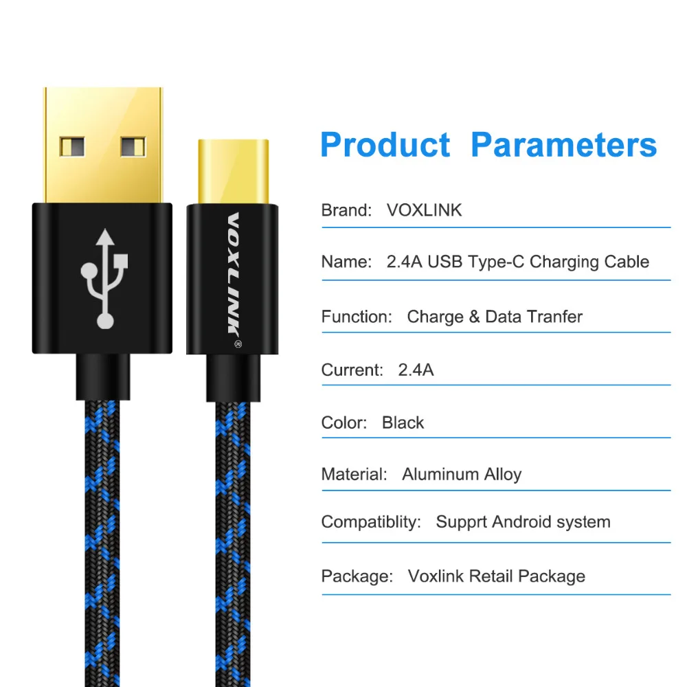 VOXLINK USB tipo C cable de carga 3/5/10 Pack 2.4A carga rápida Cable de datos para Samsung S9 s8 Huawei Nexus 5X6 P Oneplus