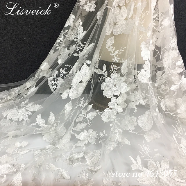 new 1Yard white embroidered lace fabric tulle exquisit High quality heavy flower wedding dress fabric veil mterial 3