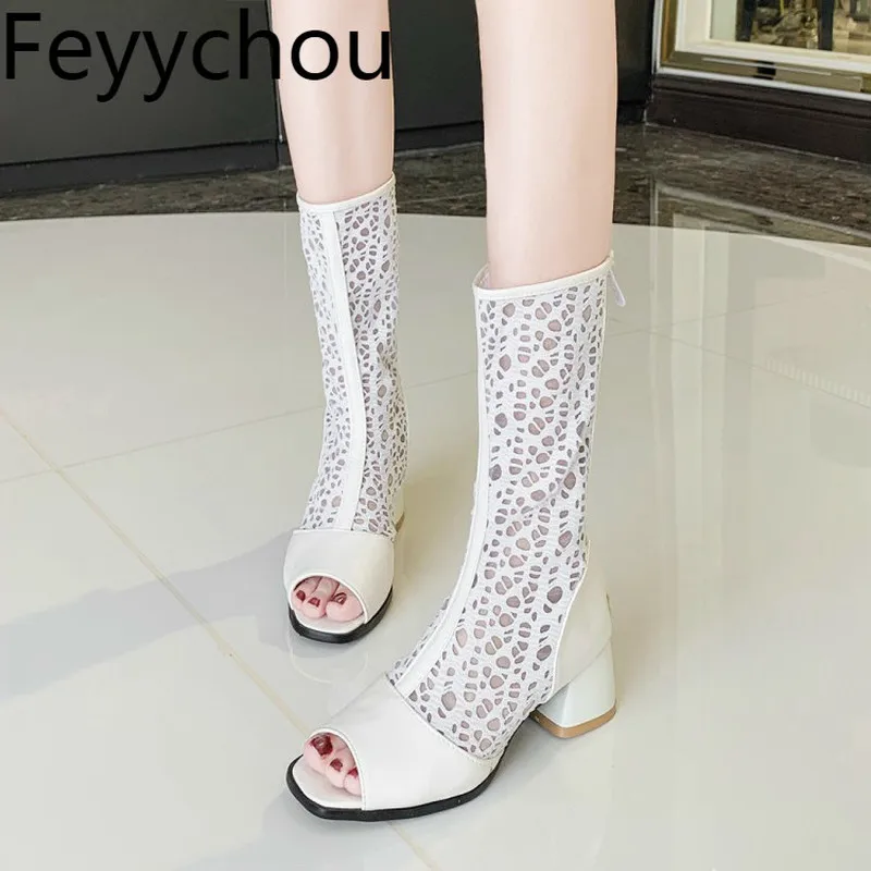 

Women Boots Net Boots Med Heel Zip Peep Toe Pu Mid-calf Patchwork Spring Autumn 2019 New Sexy Fashion White Black Big Size 34-46
