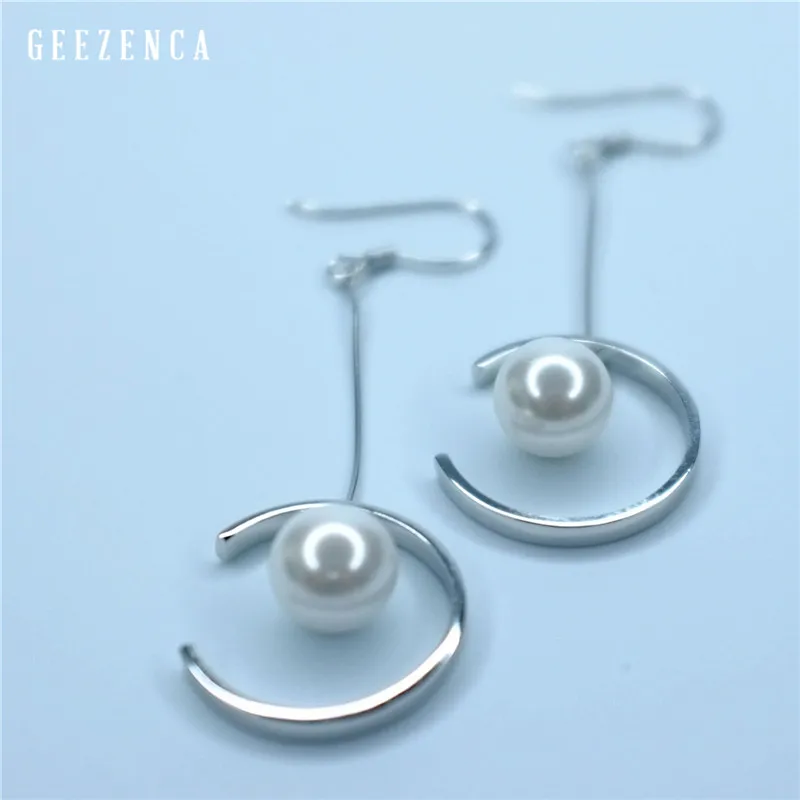 

GEEZENCA 925 Sterling Silver C-shaped Pearl Drop Earrings Fine Jewelry Korean Trendy Long Dangle Earring Free Shipping Women