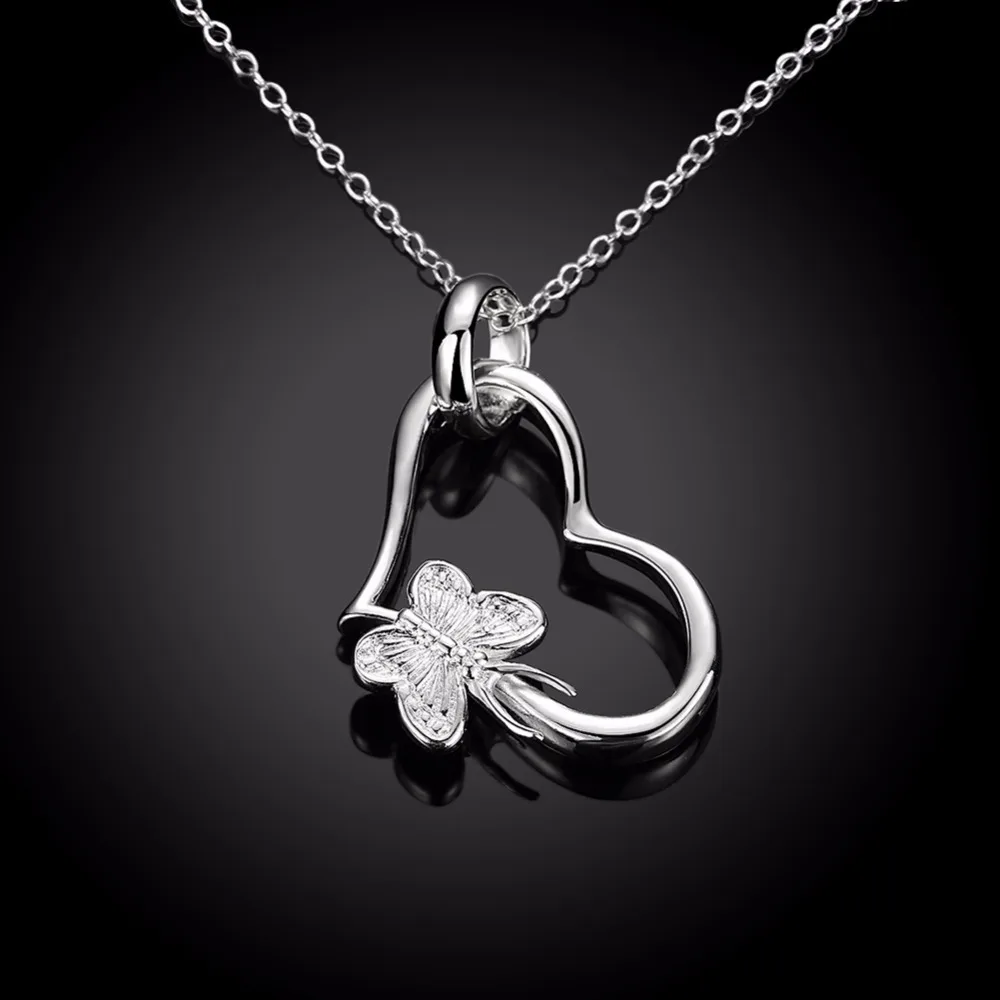 Top Quality Pure Silver Jewelry Heart with buterfly Pendant Silver Necklace Women Wedding
