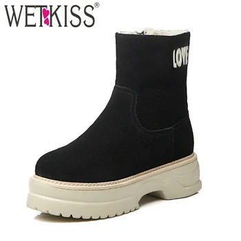 

WETKISS Cow Suede Women Ankle Boots Zip Round Toe Footwear Flat Sole Female Snow Boot Casual Platform Shoes Woman Winter 2018