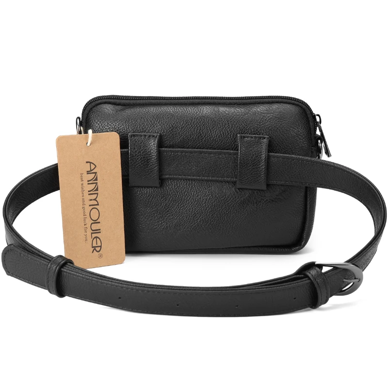 Annmouler, винтажная Женская поясная сумка, черная, из искусственной кожи, поясная сумка, мульти карман, набедренная сумка, 2 плеча, поясная сумка, регулируемая сумка