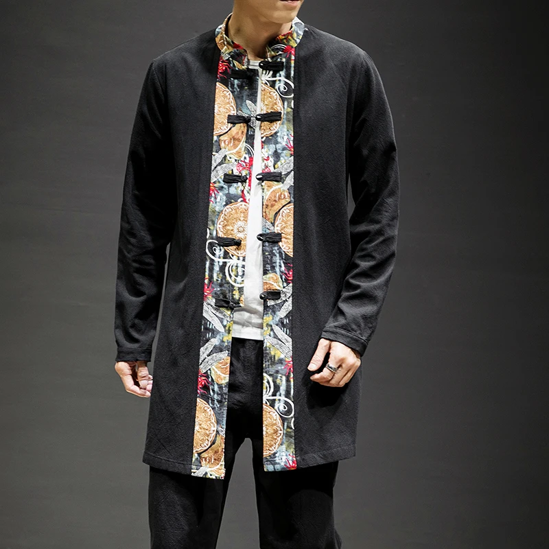 2019 Spring Traditionao Han Fu Coat Linen Men Long Dust coat Chinese Style Loose Printed Clothing Plus size trenches mens