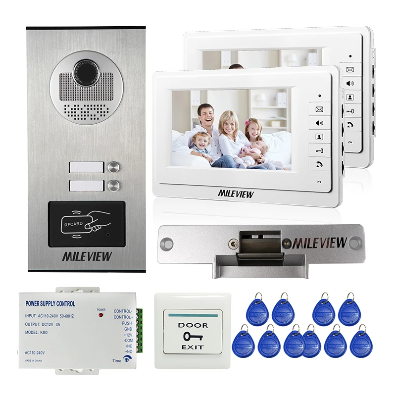 

7" Color Video Door Phone Intercom System 2 Monitor + RFID Access Door Camera for 2 Apartment Strike Electric Lock FREE SHIPPING