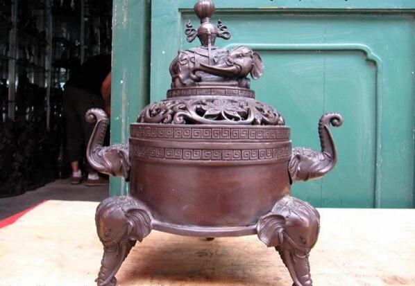

Elegant old S1302 Tibet temple classical Pure Bronze Elephant Zun God incense burner Censer statue