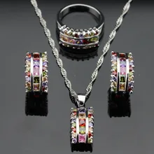 Piedras multicolores de Color Plata Collar Colgante Anillos de Sistemas de La Joyería Para Las Mujeres Navidad Envío Caja Hecha en China