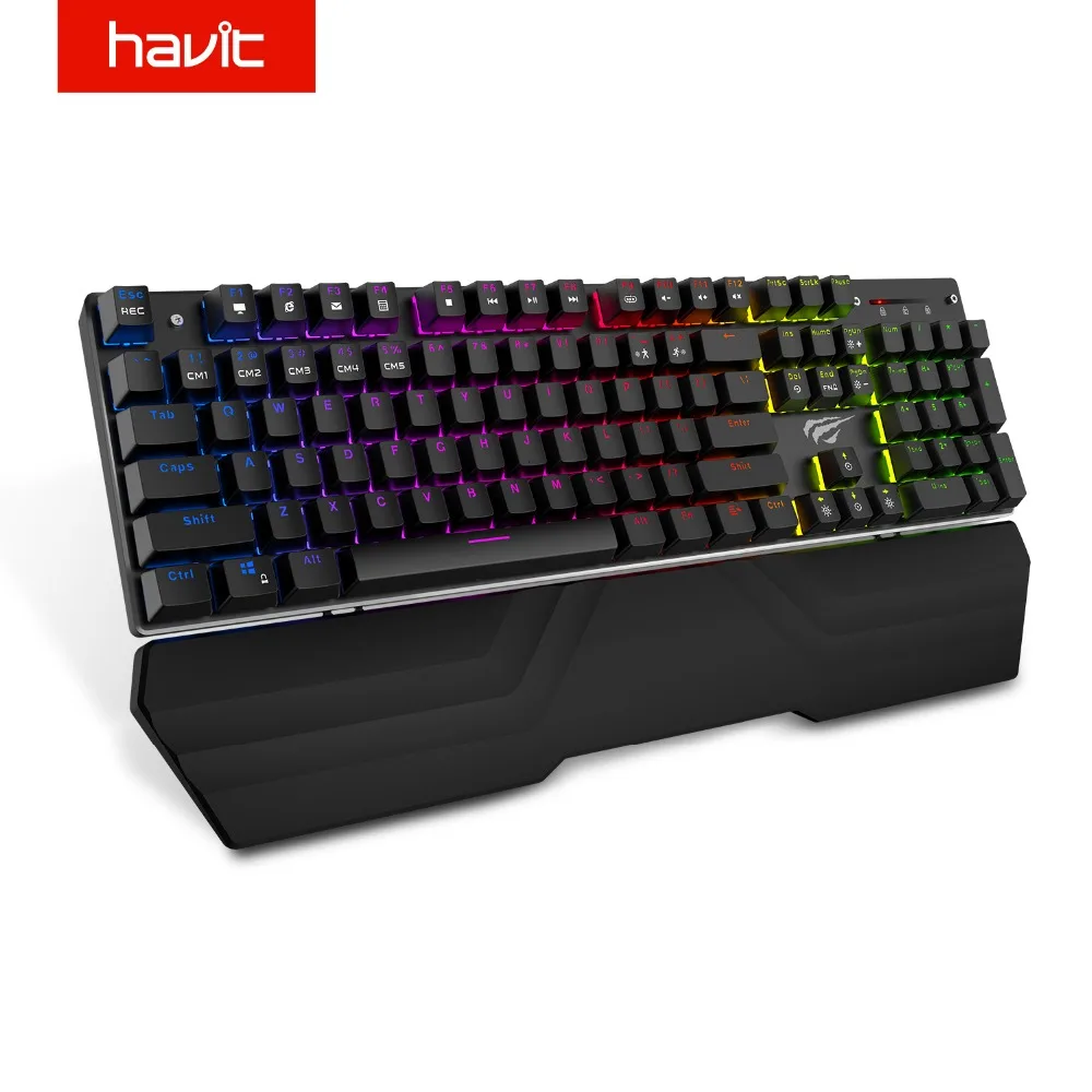 Online HAVIT Teclado mecánico 104 teclas interruptor azul teclado para juegos con cable luz RGB Anti fantasma teclado ruso inglés HV KB432L
