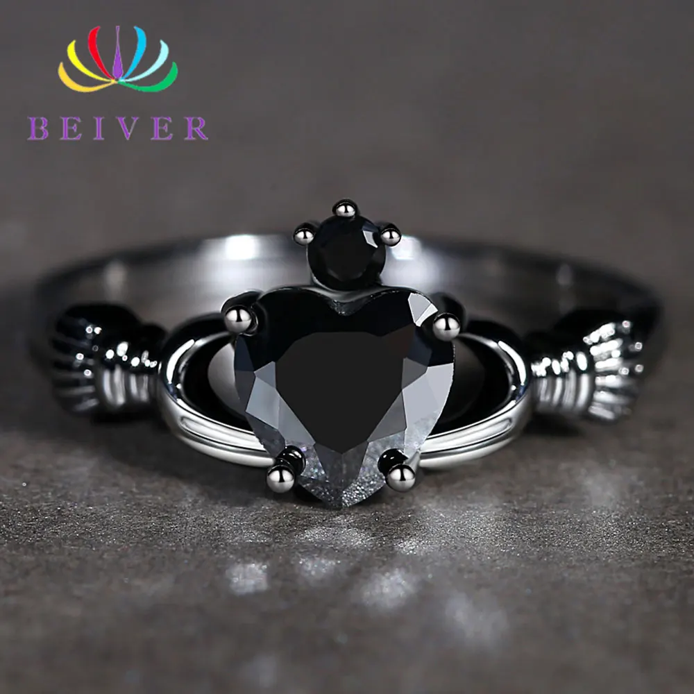 Beiver Новая мода Черное Сердце Циркон в руках кольца для женщин Черное золото Цвет Свадебные ювелирные изделия Прямая поставка