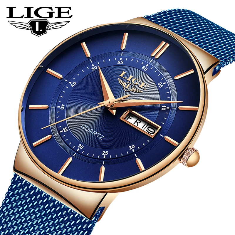 

2019 LIGE Mens Watches Top Brand Luxury Casual Fashion Watch Men Quartz Wristwatch blue Mesh belt Simple Waterproof Clock + Box