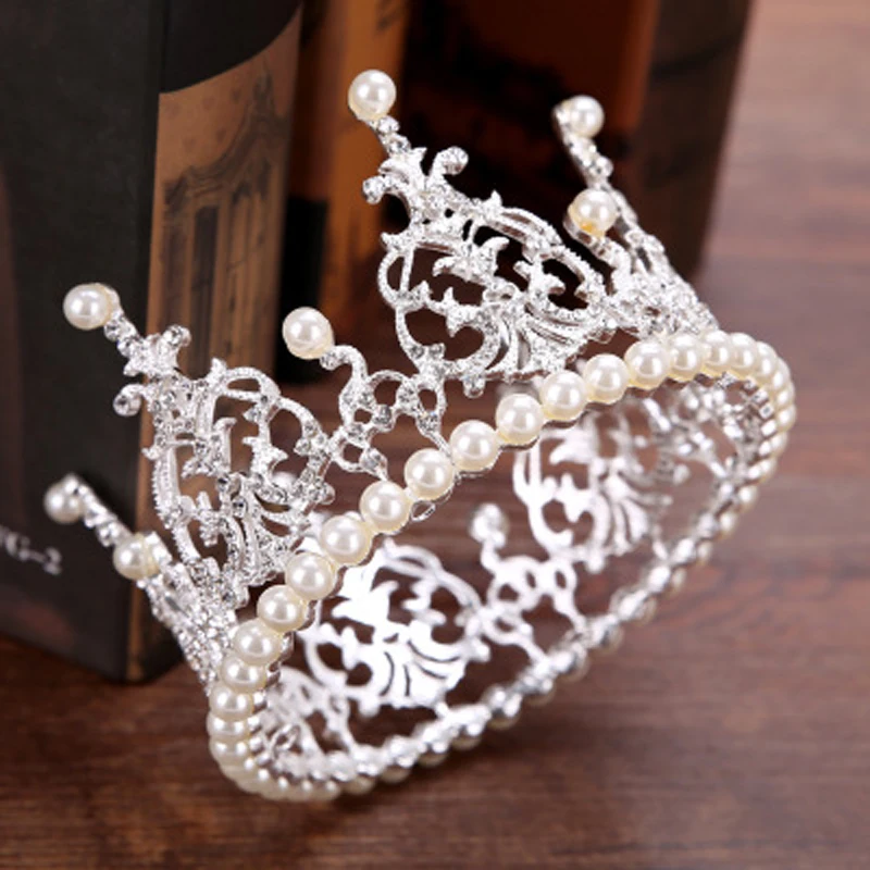 

Trendy Pearl Hair Jewelry Rhinestone Tiaras And Crowns Crystal Silver Round Crowns Bride Wedding Women Hair Accessories Gifts