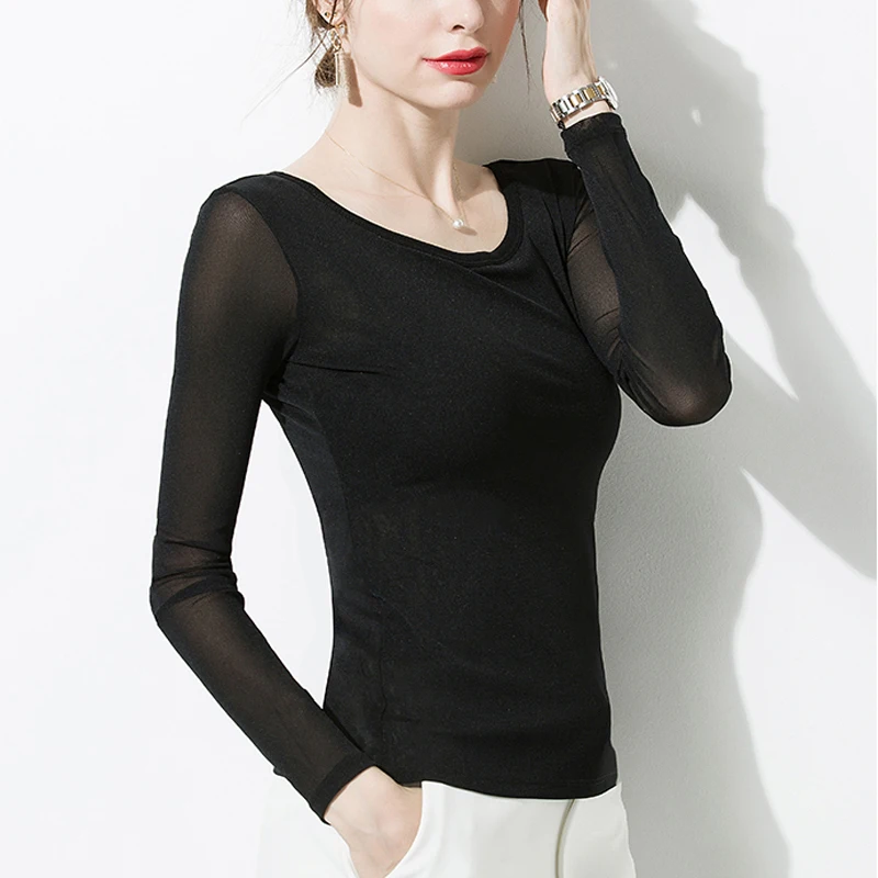 

Sexy Women Black Sheer Net Shirt O-neck See Through Transparent tops Slim Long Sleeve Mesh Tops Double layer for Ladies