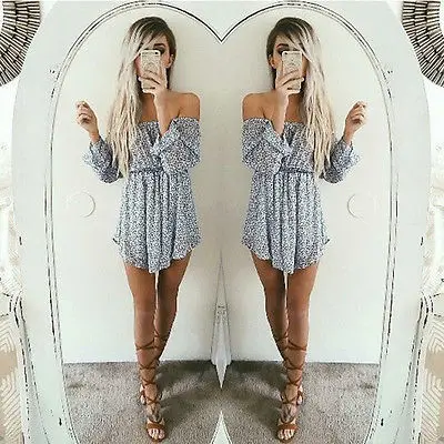 

Hirigin Women's Summer Short Mini Dress Ladies Long Sleeve Slash Neck Floral Print Beach Evening Party Sundress