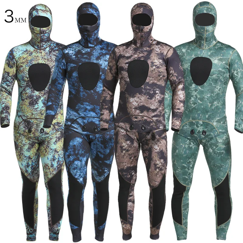 3MM Wetsuit Men Two Pieces Camouflage Diving Suit Hooded Thermal Full