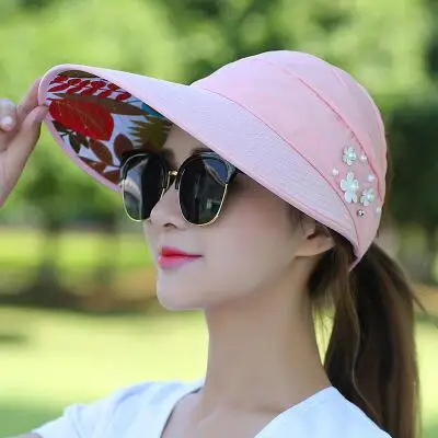 1 шт., женские летние солнцезащитные шляпы с жемчугом, Складывающийся солнцезащитный козырек, шляпа с большими головами, с широкими полями, пляжная шляпа с УФ защитой, женская кепка - Цвет: 7