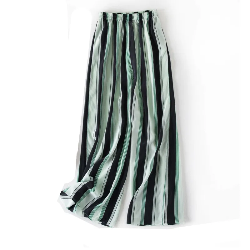 

Vintage Women Summer Spring Natural Silk Pants Silk Loose Style Trousers Work Wear OL Fashion Holiday wide leg Striped Pants