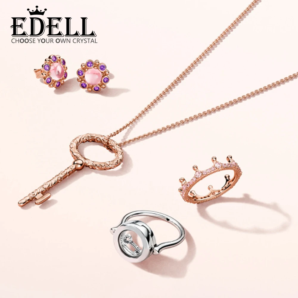 

EDELL 100%925 Sterling Silver Rose Heraldic Set Stud Crown Elegant Pocket Keychain Necklace Birthday Gift for Girlfriend