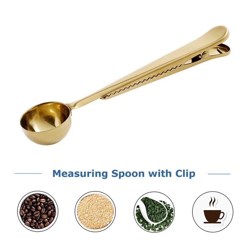 2Pcs Coffee Scoops Stainless Steel Coffee Spoon Clip Gold Color 2 In 1 Measuring Spoon with Bag Clip Ground Coffee Tea Scoop Coffeeware Kitchen Tools (5)