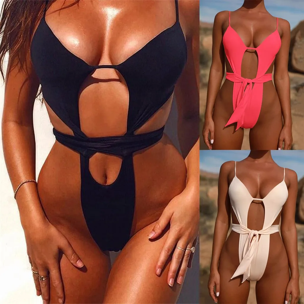 

2019 Women Sexy Solid Color Bikini One-Piece Swimwear Push-Up Padded bathing suit women high waist sexy bikini set
