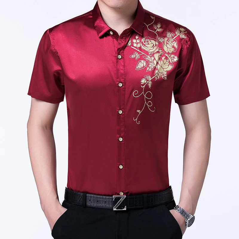 Compare Prices On Men Shirts Wedding Online Ping Low Male Short Sleeve Fl Silk Dress Shirts Summer Fashion Printing Mens Wedding Party Satin Shirt