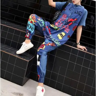 Casual Rompers Women Big Crotch Pants Graffiti Letters Abstract Print Loose Jumpsuits Ankle-Length Casual Rompers Women Big Crotch Pants Graffiti Letters Abstract Print Loose Jumpsuits Ankle-Length