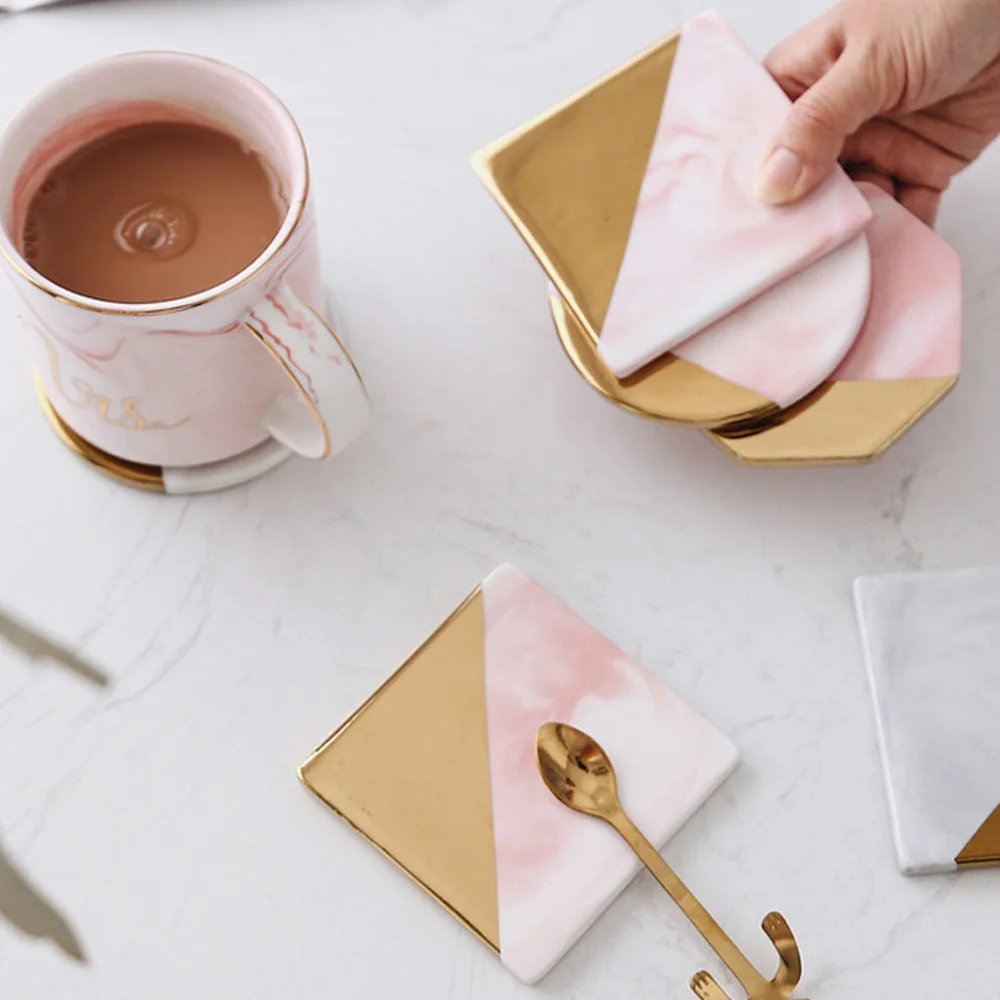 

1PC Pink Gold Marble Ceramic Placemat Coaster Porcelain Mats Pads Luxury Unique Table Decoration Accessories Kitchen Tool Gift