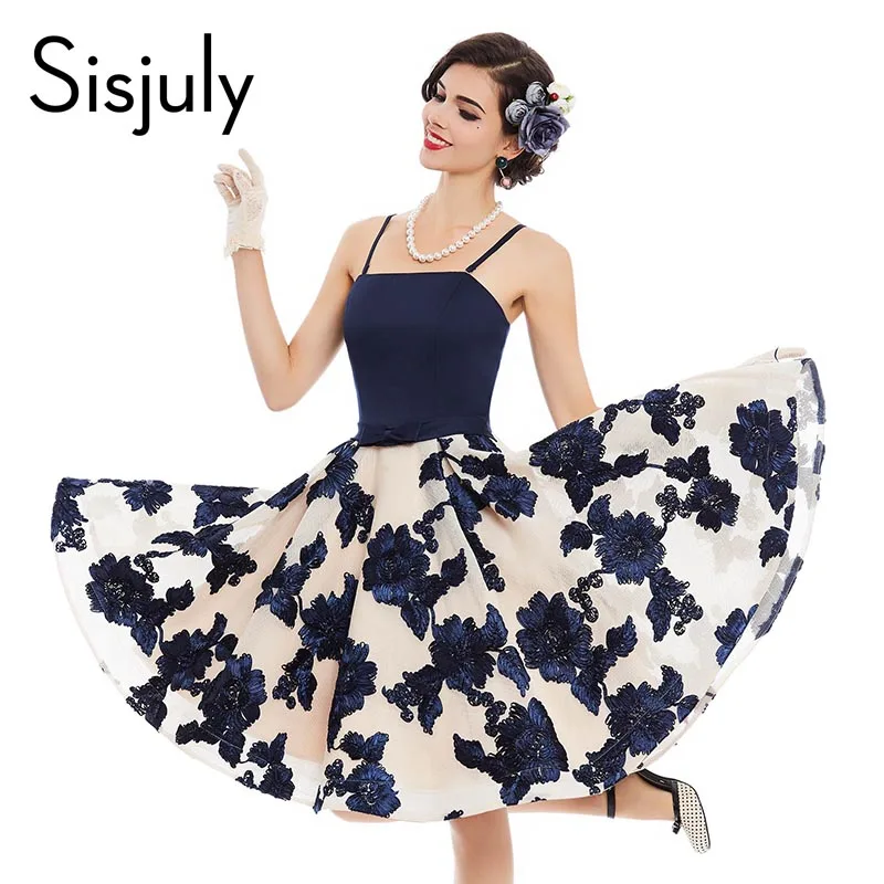 Buy Cheap Sisjuly women vintage dress summer blue rose print bow 1950s sleeveless sexy pin up rockabilly female vintage dresses new 2017