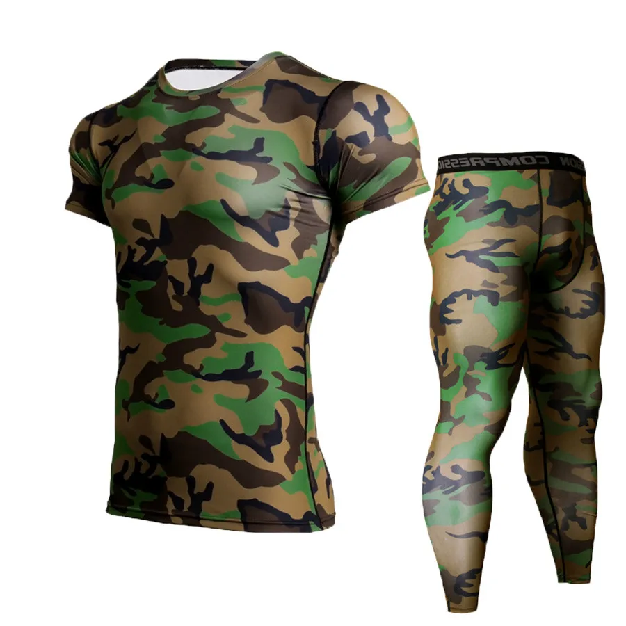 

CANGHPGIN Men's Running Suits Jogging Compression Set Mens Sports Suits Camouflage Short Sleeve Shirt Pants MMA Fitness Clothing