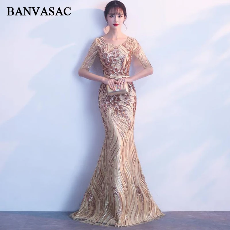 

BANVASAC 2018 O Neck Sequined Long Mermaid Evening Dresses Vintage Gold Lace Half Sleeve Party Leaf Sash Prom Gowns