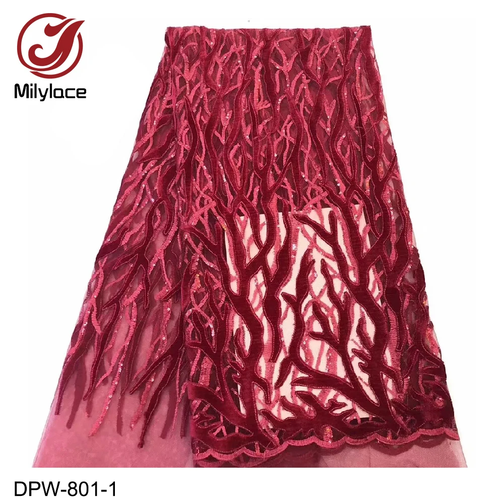 

African Lace Fabric Velvet Embroidery Tulle Lace Fabric with Sequins French Nigerian Net Lace DPW-801
