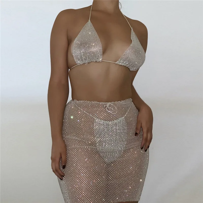 

Mesh Hollow Out See Through 3 Piece Set Bling Diamond Fishnet Crop Top Sexy Shorts Mini Skirts Outfits Summer Beach Matching Set