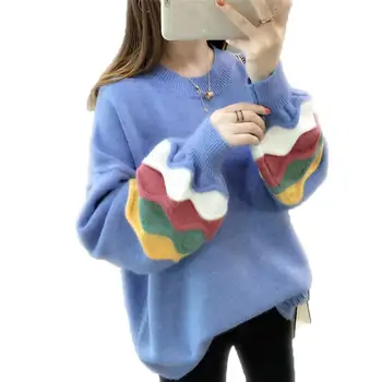 

2018 New Women Autumn Winter Patchwork Fashion Knitting Pullovers Female Loose Puff Sleeve Striped Sweaters Tops Oversized F47