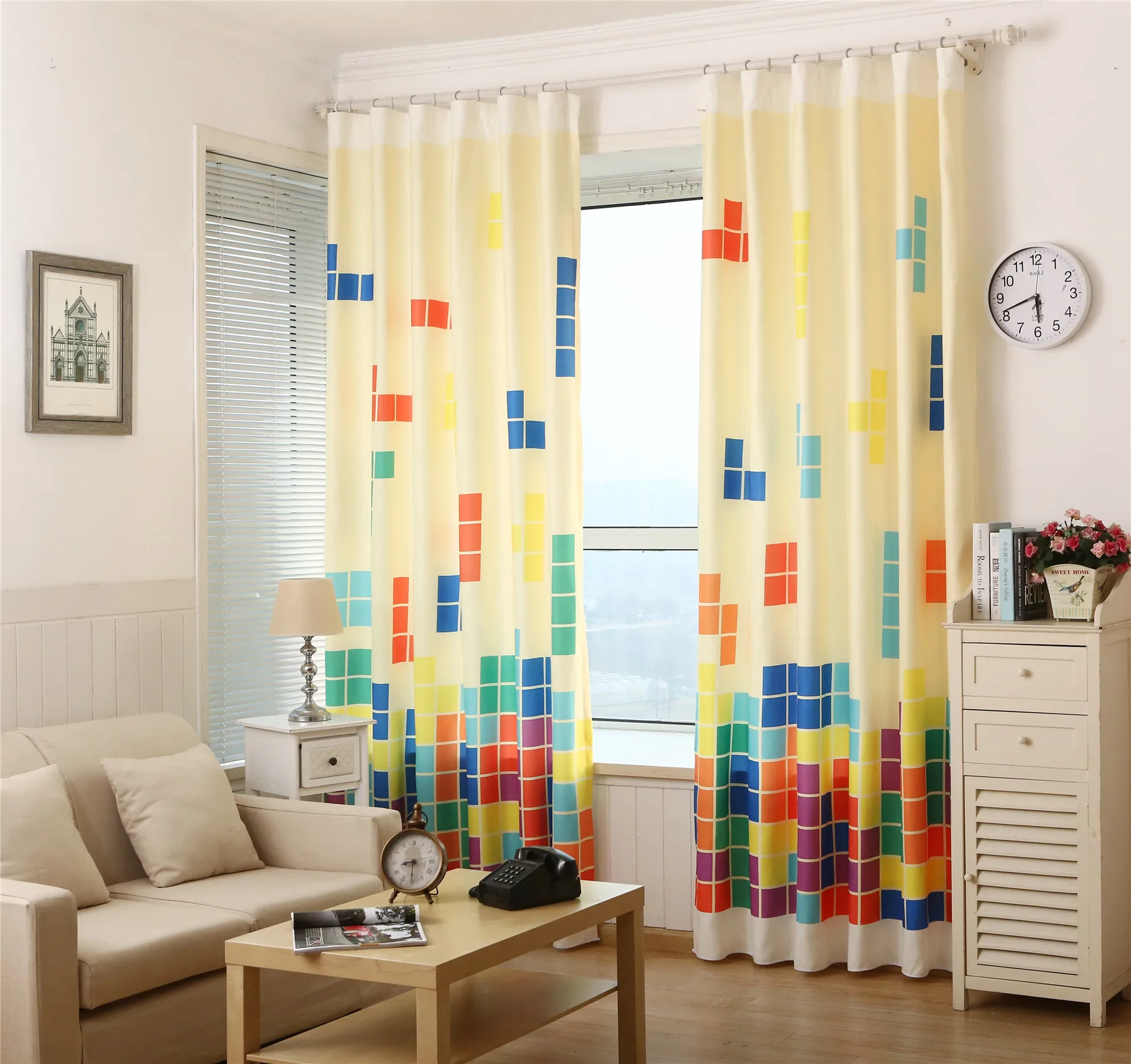 

RZCortinas Russian Plaid Pattern Cloth Curtain for Children Bedroom Baige Color Cartoon Curtains for Kids Window Treatment