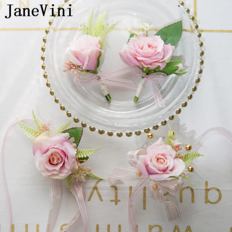 JaneVini элегантный розовый бутоньерка человек корсаж для жениха дружки Шелковая Роза цветок браслет для невесты Свадебная вечеринка